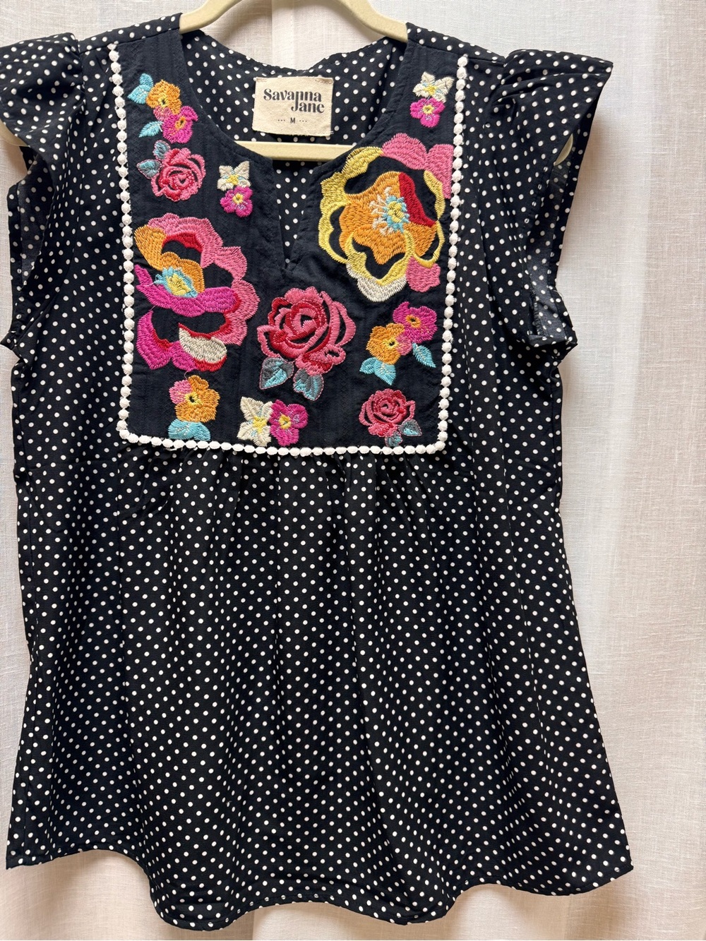 Savanna Jane Black Polka Dot Floral Embroidered Bib Top